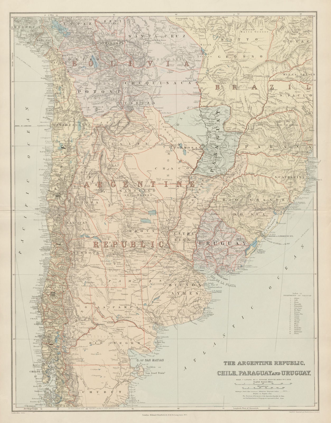 Argentine Republic, Chile, Paraguay & Uruguay. South America. STANFORD 1904 map